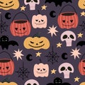 Halloween seamless pattern with cartoon pumpkins, bat, skull, decoration elements. Colorful vector flat style. holiday theme. hand Royalty Free Stock Photo